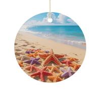 Starfish and Sand Double-Sided Ceramic Christmas Ornaments - Round Hanging Mini Xmas Tree Decorations, Ideas for Farmers, Rustic Home Decor for Indoor Outdoor Tree Decor