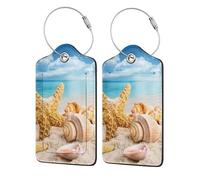Starfish and Seashells On Beach,Luggage Tags Pu Leather Name Tag Travel Suitcase Identifier ID Tags Durable Luggage Label 2 pcs
