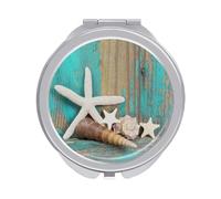 Starfish and Seashells on Shabby Wooden Turquoise Folding Make Up Mirror, Compact 2X/1X Magnification Mirror, Women Portable Travel Makeup Mirror 2.4 x 2.4 inch