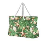 Starfish and Shells Grass Green Sandproof Totes For Women with side pocketes Bag With Zipper with cup holders on the side