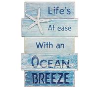 Starfish Beach Sign for Home Decor,Vintage Beach Theme Bathroom Wall Decor Wall Art Plaque with Quote Sayings - Life's at Ease with an Ocean Breeze 11.5" x 17"