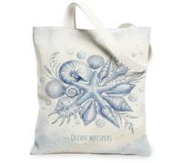 Starfish Canvas Tote Bag for Women, Coastal Artistic Shell Nautilus Summer Blue Washable Reusable Small Tote Bags for Shopp, Blue, 13x15 Inch, Starfish