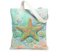 Starfish Canvas Tote Bag for Women, Summer Beach Seashell Coral Summer Turquoise Washable Reusable Market Tote Bag Ideas Fo, Turquoise, 13x15 Inch