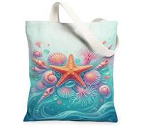 Starfish Canvas Tote Bag for Women, Summer Beach Shell Bubble Summer Turquoise Washable Reusable Everyday Tote Bags Ideas F, Turquoise, 13x15 Inch