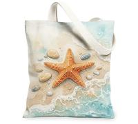 Starfish Canvas Tote Bag for Women, Summer Beach Stones Waves Summer Orange Washable Reusable Everyday Tote Bags Ideas for, Orange, 13x15 Inch