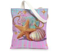 Starfish Canvas Tote Bags, Shiny Beach Shell Pattern Lightweight Reusable Shopping Bags, Retro Coastal Style Washable Shoul, Peach, 13x15 Inch
