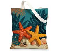 Starfish Canvas Tote Bags, Tropical Ocean Theme Reusable Grocery Bags, Artistic Beach Pattern Lightweight Washable Shoulder, Orange, 13x15 Inch