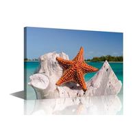 Starfish Canvas Wall Art Seaside Wall Art for Living Room Seascape Pictures for Bedroom 1 Piece Ocean Theme Modern Home Decor Office Bathroom Decorations Artwork Framed Ready to Hang, 18x12in