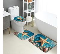 Starfish Coastal Quick Dry Bath Mat, Ocean Inspired Shells Decorative Non Slip Shower Mat, Summer Beach Flannel Washable Bath Rugs for Bathroom Toilet Restroom 3 Piece Sets