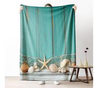 Starfish Conch Seashell Flannel Blanket Queen Warm Soft, Ocean Coastal Nautical Blanket 90"x90" Washable, Vintage Wood Board Fleece Blanket Cozy Lightweight for Bedroom Sofa Camping Travel