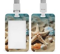 Starfish Coral and Seashell Badge Holder with Lanyard - Waterproof Hard Plastic ID Card Holder Professional Name Tag Vertical ID Card Name Badge for Office Nurse Doctor Teacher
