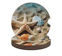 Starfish Coral and Seashell Car Coasters, 4PCS Non-Slip Car Cup Holder Coasters with Cork Base, Heat Resistant & Waterproof Drink Coaster for Women Men