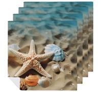 Starfish Coral and Seashell Cloth Napkins 18 X 18 Inch, 4 PCS Polyester Napkins, Soft & Absorbent Cloth Dinner Napkin for Wedding, Party, Restaurant, Elegant Table Decor