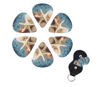 Starfish Coral and Seashell Guitar Picks 6 Pack, 0.71mm Thickness Celluloid Bass Pick with Leather Guitar Pick Holder Keychain Abstract Art Pics Plectrum for Acoustic Electric Guitar, Ukulele, Bass