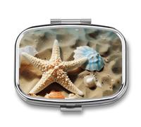 Starfish Coral and Seashell Pill Box 2 Compartment - Small Metal Medicine Organizer Portable Pill Case for Purse Pocket Travel Vitamin Organizer for Men Women, BPA-Free