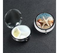 Starfish Coral and Seashell Pill Box with Mirror 3 Compartment Decorative Pill Case for Purse or Pocket Small Round Pill Organizer Weekly Metal Medicine Tablet Vitamin Holder Travel Gift