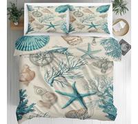 Starfish Coral Duvet Cover - Coastal Beach Bedding - Seaside Nautical Bed Set Single Size 2 Piece - Reversible Soft Microfiber Quilt Cover 1 Pillowcase, Zipper Closure & Corner Ties, 140x200 Ch162