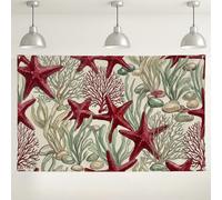 Starfish Coral Wall Backdrop, Nautical Ocean Theme Decorative Background, Red Green Indoor/Outdoor Photography Backdrop for Beach Party Event 71x43 Inch