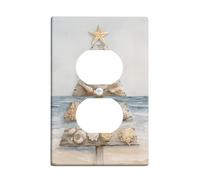 Starfish Duplex Outlet Covers Wall Plate, Coastal Rustic Shells Wooden Planks Summer Blue Plastic Standard Size Wall Plates for Electrical Outlets for Living Room Bedroom Home Office Decor