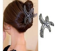 Starfish Hair Clips Large Hair Claw Clips Metal Black Starfish Hair Jaw Clips with Luxury Rhinestones Pearl Summer Beach Hair Accessories Cute Starfish Hair Clamp Clip Barrette for Women 1 Pack