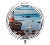 Starfish Lighthouse Beach Pill Box with Mirror 3 Compartment Pill Organizer for Pocket Portable Medicine Container Holder to Hold Vitamins,Fish Oil