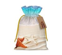 Starfish Ocean Beach Printed Christmas Drawstring Bags with Yellow Christmas Ribbon - Reusable Burlap Drawstring Gift Pouches, S
