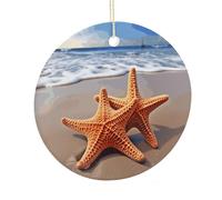 Starfish on The Beach Ceramic Circular Pendant,2.9 Inch，Hanging Ornament，Gift Exchange Idea Round Ceramic Ornament,for Mom and Daughter，for Home Indoor Outdoor Decor.