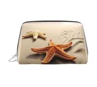 Starfish on The Sand Beach Landscape Makeup Bag for Women Cosmetic Bags Leather Travel Makeup Case Organizer Waterproof Make up Pouch Open Flat Toiletry Bag Portable Storage Pouch for Travelling
