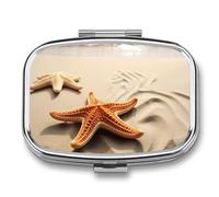 Starfish on The Sand Beach Pill Box for Pocket Square Pill Box 2 Compartment Decorative Portable Travel Pill Holder Tablet Vitamin Organizer Mini Pill Case