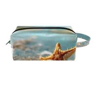 Starfish on The Sand Beach Women’s Leather Cosmetic Bag Pouch with Handle, Waterproof Hanging Toiletry Travel Bag, Small Pencil Case for Kids