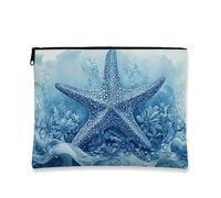 Starfish Pattern Makeup Bag, Ocean Blue Coastal Cosmetic Travel Pouch for Women, Portable Small Canvas Zipper Organizer, Summer Beach Skincare Toiletry Bag, Blue, 7x9 Inch, Starfish