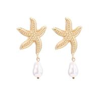 Starfish Pearl Dangle Studs Earrings for Women Girls Gold Plated Hypoallergenic Funny Sea Star Faux Pearl Drop Dangling Earring Bohemian Vintage Elegant Holiday Ocean Sea Statement Jewelry