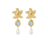 Starfish Pearl Drop Earrings Blue Stone Pearl Bohemian Stud Earrings Trendy Statement Earring for Women Summer Beach Jewelry Gift