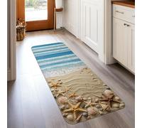 Starfish Runner Rug, Coastal Beach Seashell Sand Summer Blue Low Pile Sponge Edge Binding Home Rectangle Carpet for Kitchen Entryway Bathroom Doorway Decor 2x5 Ft