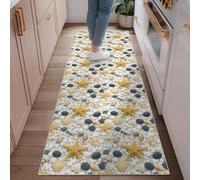 Starfish Runner Rug, Coastal Beachy Shells Pebbles Summer Yellow Low Pile Rectangle Floor Carpets Edge Binding for Kitchen Entryway Laundry Room Bedside Decor 2x6 Ft