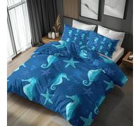 Starfish Seahorse Single Duvet Cover Set - Blue Marine Life Bedding & Bedroom Decor, Super Soft Microfiber Quilt Cover and 1 Pillowcases, with Zip, Reversible Design (J6&b)