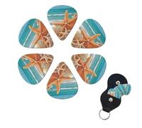Starfish Seashell Beach Guitar Picks 6 Pack, 0.96mm Thickness Celluloid Bass Pick with Leather Guitar Pick Holder Keychain Abstract Art Pics Plectrum for Acoustic Electric Guitar, Ukulele, Bass