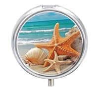 Starfish Seashell Beach Pill Box Round Portable Small Pill Case Waterproof Travel Pill Box Organizer for Pocket Purse and Daily Convenience