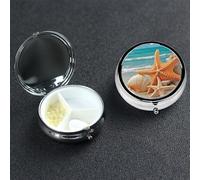 Starfish Seashell Beach Pill Box with Mirror 3 Compartment Decorative Pill Case for Purse or Pocket Small Round Pill Organizer Weekly Metal Medicine Tablet Vitamin Holder Travel Gift