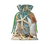 Starfish Seashell Beach Printed Christmas Drawstring Bags with Green Christmas Ribbon - Reusable Burlap Drawstring Gift Pouches, S