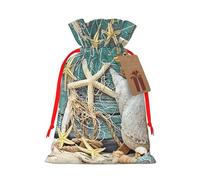 Starfish Seashell Beach Printed Christmas Drawstring Bags with Red Ribbon - Reusable Burlap Drawstring Gift Pouches, S