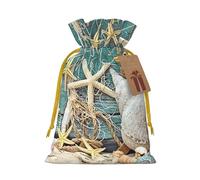 Starfish Seashell Beach Printed Christmas Drawstring Bags with Yellow Christmas Ribbon - Reusable Burlap Drawstring Gift Pouches, M