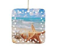 Starfish Seashell Ocean Beach Ceramic Christmas Ornaments 3 Inch Double Sided Square Pendant Holiday Tree Hanging Decor for Home, Party, Hotel Decorations, Gift for Teacher, Neighbor, Friend