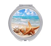 Starfish Seashell Ocean Beach Compact Mirror for Purse, Double-Sided 1x/2x Magnifying Metal Pocket Makeup Mirrors, Folding Mini Vanity Mirror, Handheld Round Travel Cosmetic Mirrors for Women