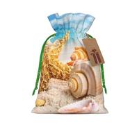 Starfish Seashell Ocean Beach Printed Christmas Drawstring Bags with Green Christmas Ribbon - Reusable Burlap Drawstring Gift Pouches, M