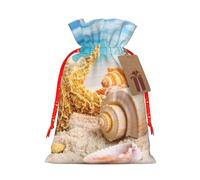 Starfish Seashell Ocean Beach Printed Christmas Drawstring Bags with Red Christmas Ribbon - Reusable Burlap Drawstring Gift Pouches, M