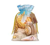Starfish Seashell Ocean Beach Printed Christmas Drawstring Bags with Yellow Christmas Ribbon - Reusable Burlap Drawstring Gift Pouches, M