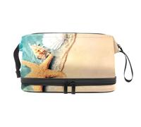 Starfish Seashell on Summer Beach Sea Water Double Layer Cosmetic Bag for Women and Girls, Travel Toiletry Bag Makeup Handy Pouch Organiser Bag with Brush Compartment
