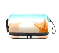 Starfish Seashell on Summer Beach Seashore Double Layer Cosmetic Bag for Women and Girls, Travel Toiletry Bag Makeup Handy Pouch Organiser Bag with Brush Compartment
