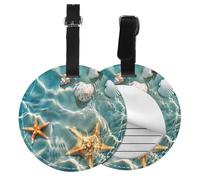 Starfish Seashell Round Luggage Tag 4PCS Ocean PU Leather Travel Bag Tag ID Labels Name Card Holder wtih Buckle for Luggage Suitcase Backpacks
